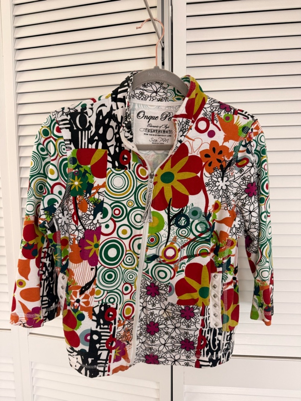 Onque Petite Floral & Geometric Zip Jacket in Green/Red/Orange